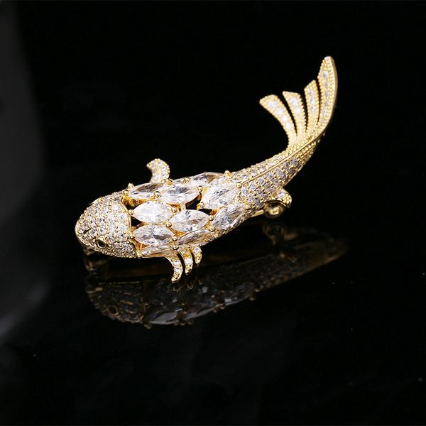 

shiny yellow crystal fish brooches for women broche femme bijoux accesorios mujer, cute cubic zirconia brooch pins metal jewelry, Gray