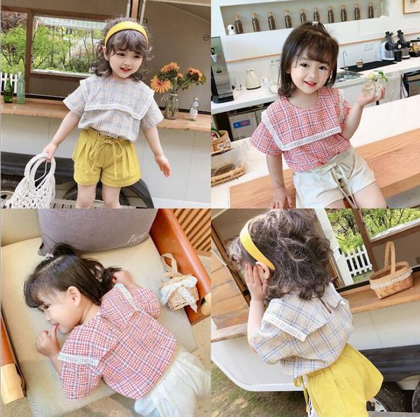 

2020 new girls plaid t-shirt summer short sleeve cotton fashion girls 1-6t ho984, Blue