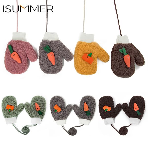 

winter gloves children warm gloves thickening plus velvet with lanyard sweet girl cute boy carrot pattern mittens guantes, Blue;gray
