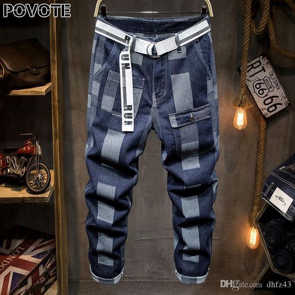 

povote 2020 new jeans with holes men's slim elastic retro leggings popular european and american white stripe jeans t200410, Black