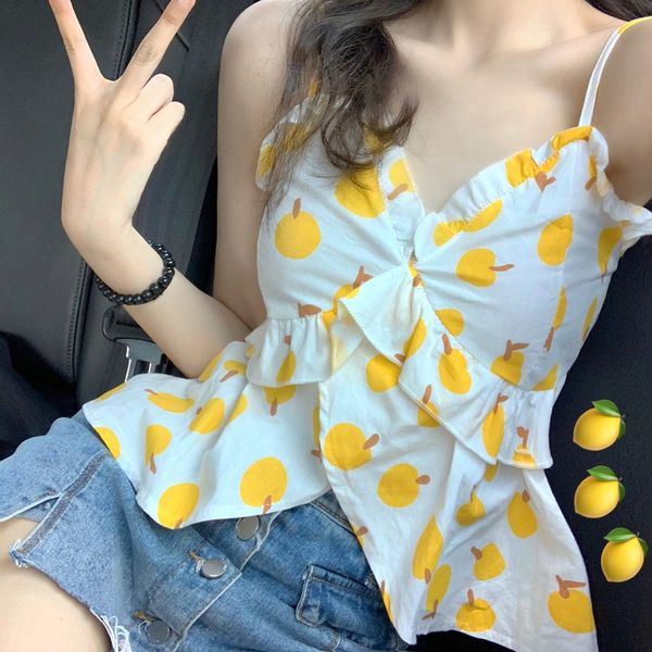 

spaghetti strap off shoulder ruffles sweet print short women's clothing trend temperament ladies summer style fashion camis, White
