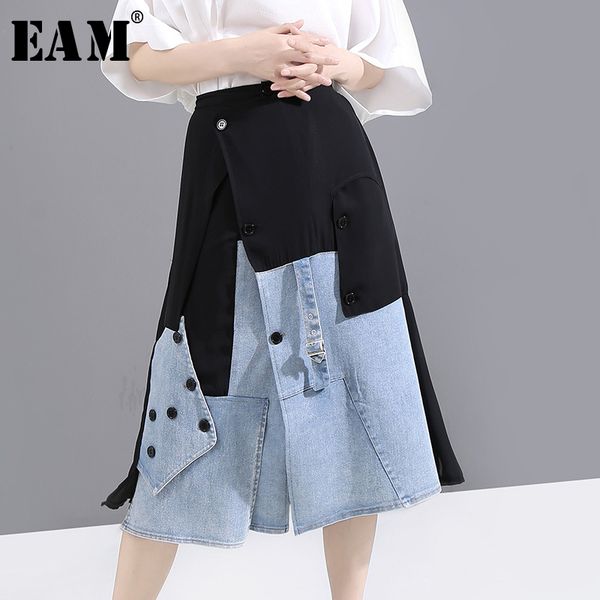

eam] high elastic waist black denim split joint button irregular half-body skirt women fashion new spring summer 2020 1u833