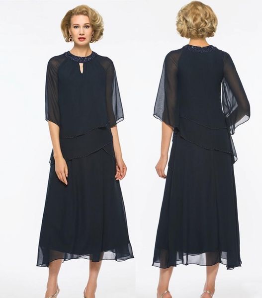 

dark navy chiffon mother of the bride dresses plus size beaded tea length formal evening gowns wedding guest mother prom dresses, Black;red
