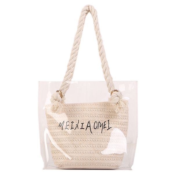 

abzc-handbag women fashion simple transparent letter large-capacity shoulder bag pure color straw