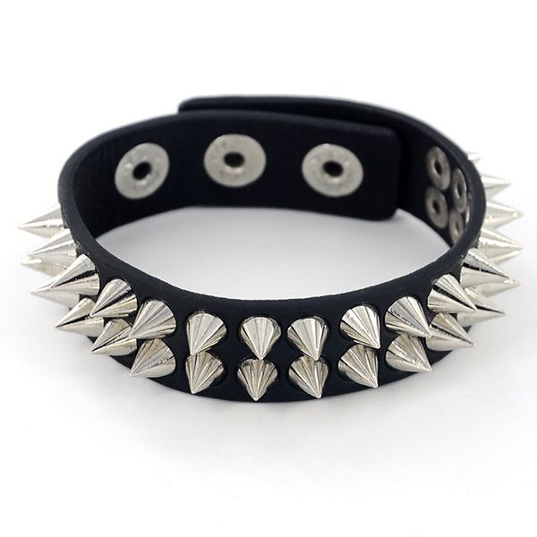 

new gothic delicate cuspidal spikes rivet cone stud cuff black leather bracelets & bangles punk bracelet for women men jewelry, Golden;silver
