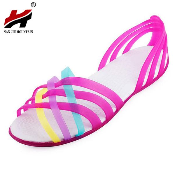

women sandals 2017 summer new candy color women shoes peep toe stappy beach valentine rainbow jelly shoes woman flats, Black
