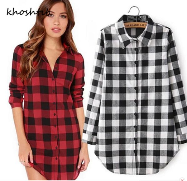 

khoshtib women's shirt blouse spring autumn long plaid shirt with long sleeves in the new plaid fashion casual top, White