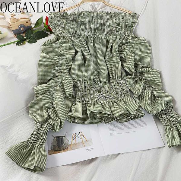 

oceanlove off shoulder plaid shirts ruffles pleated spring summer women blouses puff sleeve 2020 korean blusas fashion 16068, White