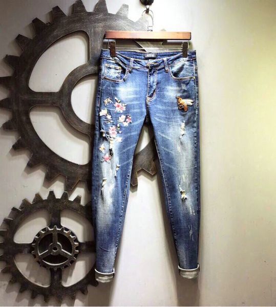 

2020 new men's jeans luxury zipper fly slim pencil pants hole designer jeans size28-34,36,38, Blue