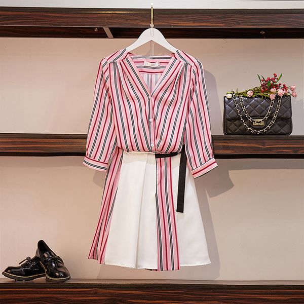 

2020 summer new women 2 piece sets fashion single breasted striped shirts + high waist button mini skirts suits student set, White