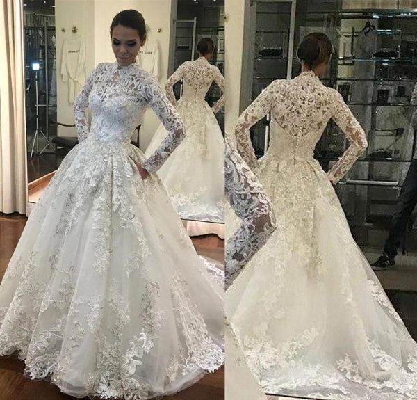 

2020 long sleeves wedding dresses lace applique high neck sweep train tulle wedding gown vestido de novia plus size custom mdae, White