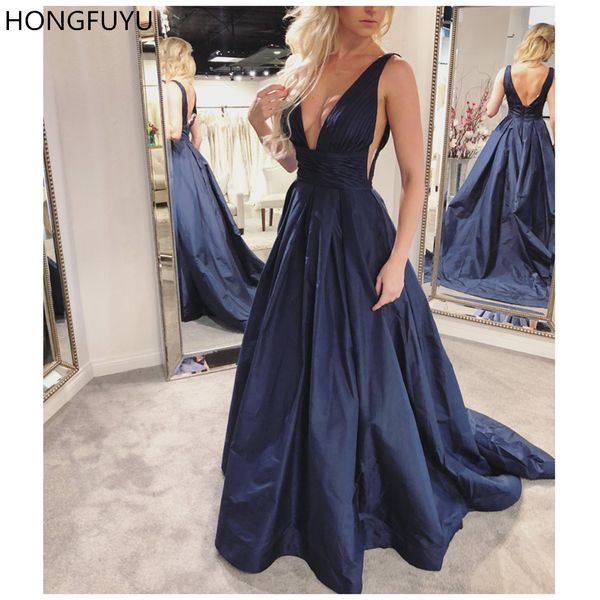 

honguyu v-neck open back a line long evening dress elegant sleeveless party vestido de festa satin prom gowns evening dresses, White;black