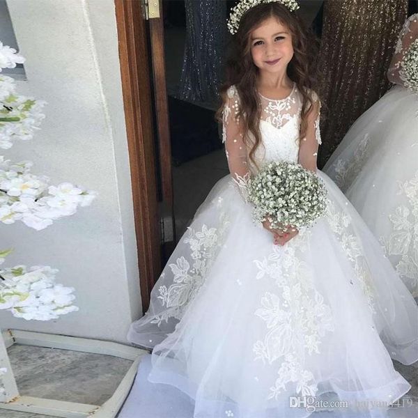 

2020 new princess flower girl dresses for weddings jewel neck lace appliques puffy illusion little kids baby gowns first communion dresses, White;blue