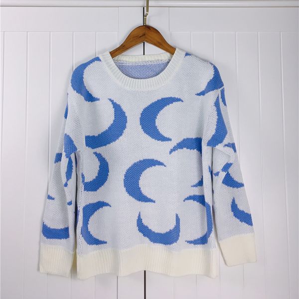 

white sweater 2019 autumn winter loaded moon sweater female knitted long sleeve round neck pullover color matching loose wear
