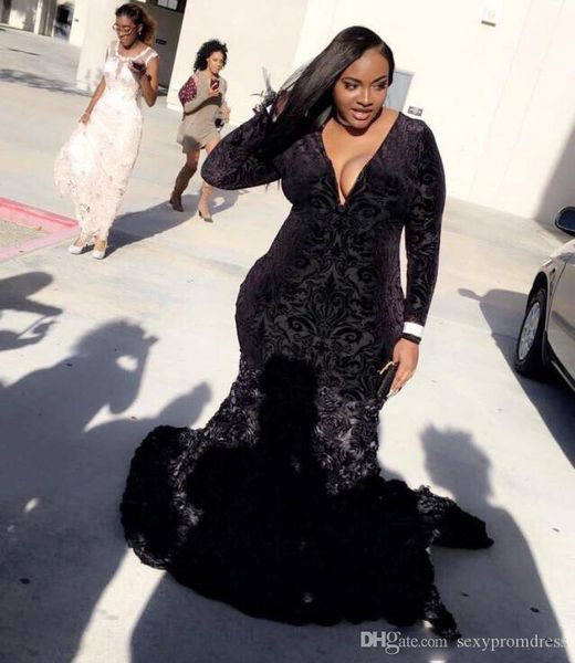 

black plus size prom dresses deep v neck long sleeves lace velvet evening gowns south african sweep train formal party dress