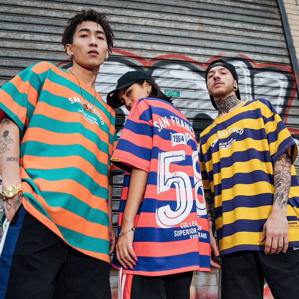 

hip hop street round neck loose oversize contrast stripe print male student couple short sleeve t-shirt, White;black