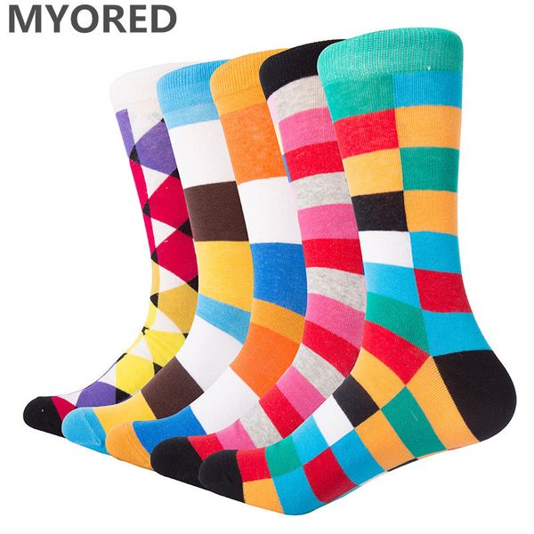 Myed 5 pares brilhante multi colorido luxo listrado Argyle homens vestido meias penteada algodão na moda casamento engraçado novidade tripulação meia mx190719