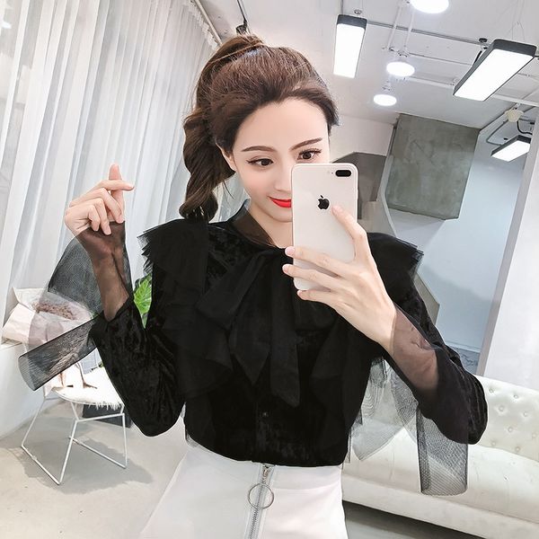 

девушки рубашка с длинным рукавом велюр женская рубашка 2020 новый тонкий велюр блуза лук оборками рубашка, White