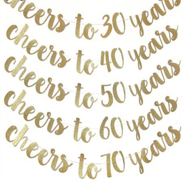 

golden glitter cheers to 30 40 50 60 70 years english letter string flag birthday party banner wedding party supplies ornament