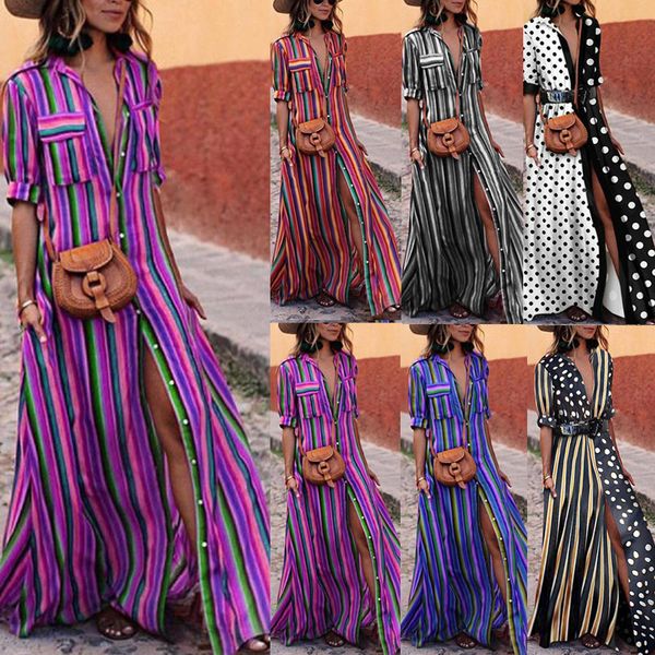 

elegant woman boho long maxi dress fashion lady evening party summer beach dresses sundress striped shirt dress, Black;gray
