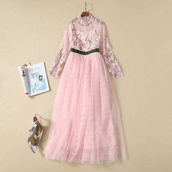 

spring 2020 for european and american women's wear long sleeve collar embroidery patchwork net yarn fashionable pink dress, Black;gray