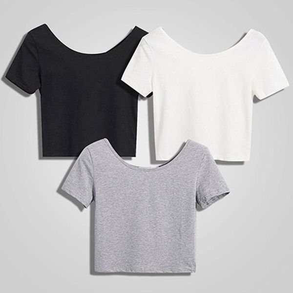 

new fashion women scoop neck crop short sleeve bare midriff casual blouse t-shirt loose cotton t shirt women top, White