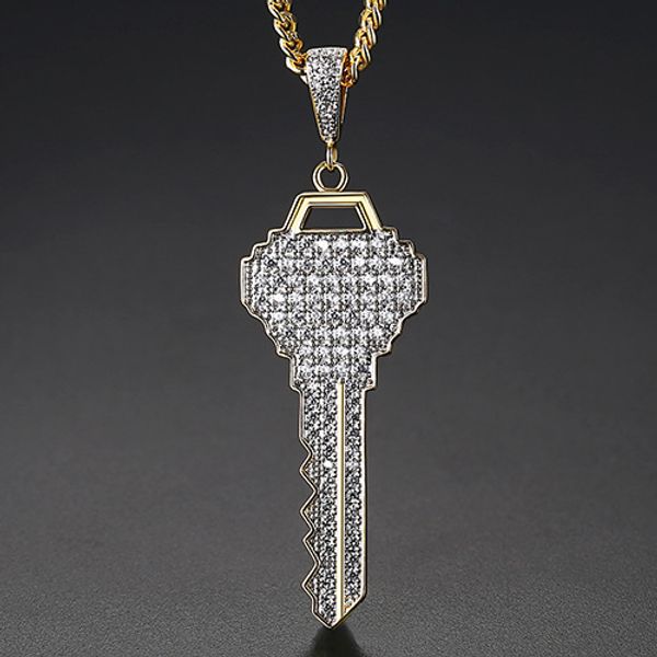 

new men's key pendants necklace ice out cubic zircon gold color fashion rock street hip hop jewelry with chain for gift, Silver