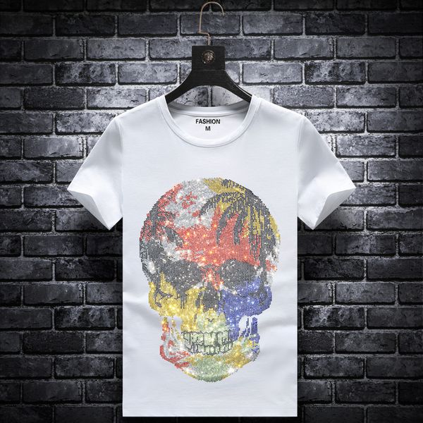 

2020 summer european american fashion brand embroidery drilling short-sleeved t-shirt men's fashion slim round neck net red half-sleeve, White;black