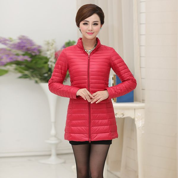 

large size ultra thin light weight slim down jacket women long stand collar down coat outerwear 2017 autumn winter drop shipping, Black