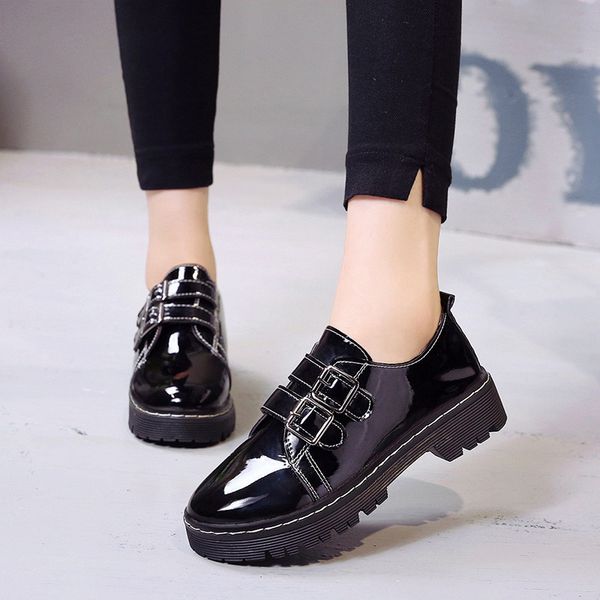 

female new women's shoes autumn british wind wild lok fu shoes round head with single small leather u15-92, Black
