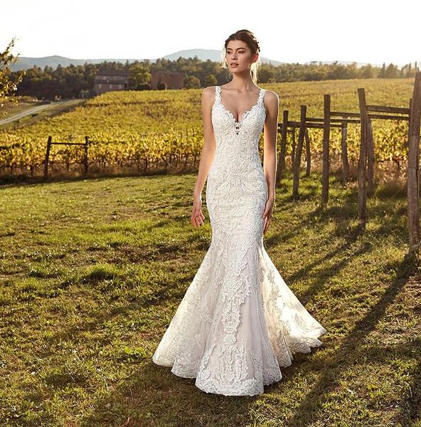 

2020 elegant ivory straps deep v neck lace mermaid wedding dresses full lace tulle summer beach wedding bridal gowns illusion back, White