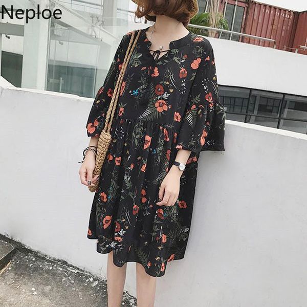 

party dresses neploe plus size women dress summer floral chiffon loose vestidos 2021 korean causal half sleeve o-neck knee 4b786, White;black