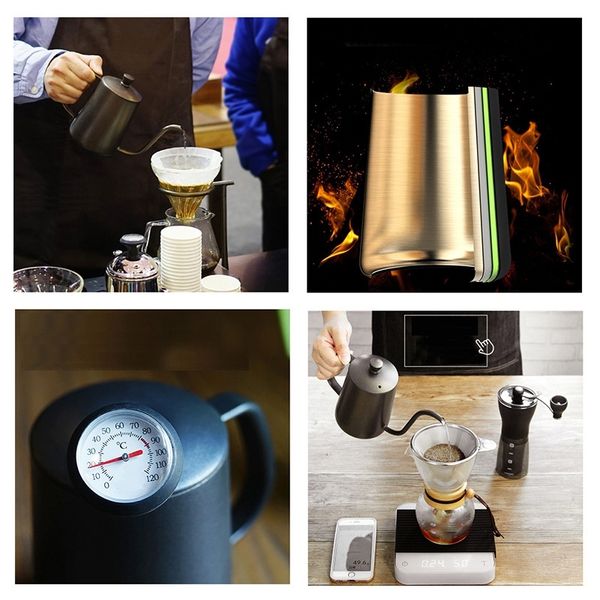 

stainless steel coffee kettle 600ml teflon coating long mouth spout teapot water jug with thermometer coffee pot tools green teapots