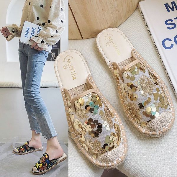 

spring new women slippers 2020 fashion sequined cloth women shoes casual slippers, Black