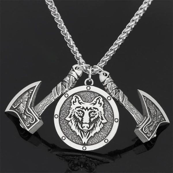 

pendant necklaces men's viking celtic wolf axe amulet necklace raven rune long neck chain national jewelry boyfriend gift, Silver