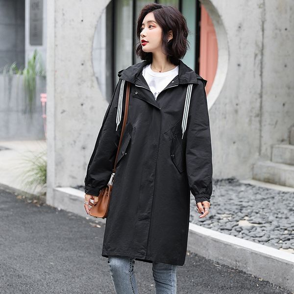 

2019 new arrival women's fall winter turn down collar hooded trench coat long sleeve solid color windbreaker loose female trench, Tan;black