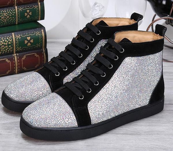 

drop shipping new casual high sneakers shoes rhinestone leather casual walking ,men high casaul walking red bottom 32, Black