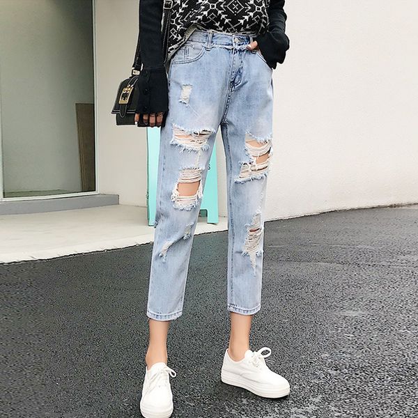 

ripped jeans for women blue loose vintage female fashion women high waist new style holes mom jeans pants casual