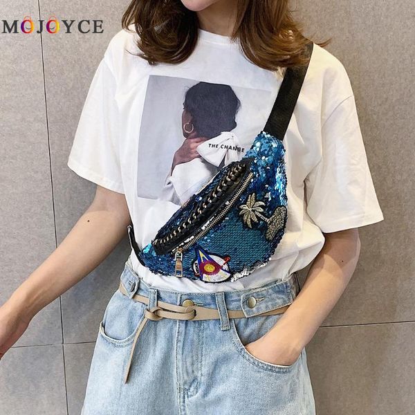 

fashion sequins plant pattern women waist bag fanny packs pu leather chest bags