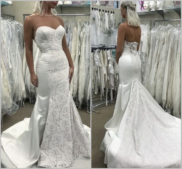 

2019 elegant mermaid wedding dresses satin lace appliques sweep train bohemian wedding dress sweetheart custom made country bridal gowns, White