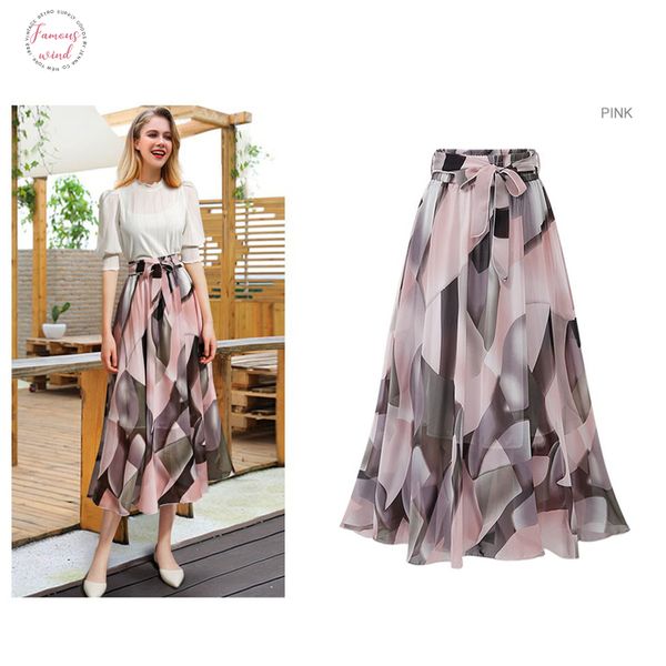 

women skirt print chiffon high waist female plus size elascity high waist vintage korean summer casual summer plus size skirt, Black