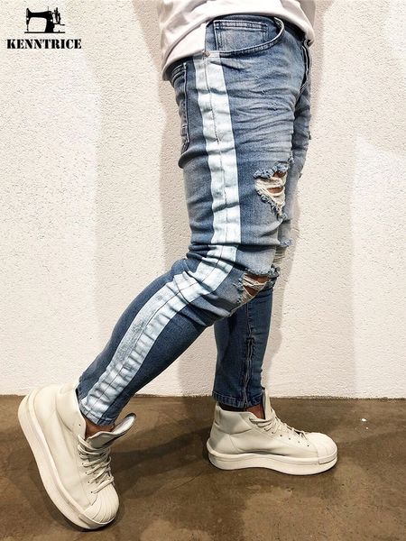 

kenntrice men denim blue jeans slim ripped hole jeans for men hip hop skinny pencil pants high street wear stretch striped jean