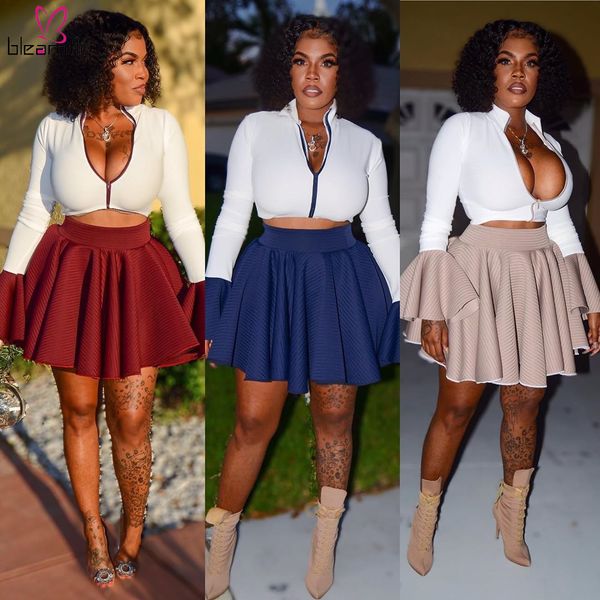

2019 fall winter solid two piece skirt set women long sleeve front zipper crop and ruched mini ball gown club outfits, White