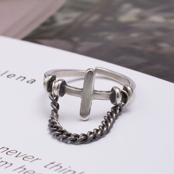 

individual character chain cross opening ring female 925 silver creative korean foreign trade wholesale silver ornaments jz12276-y, Golden;silver
