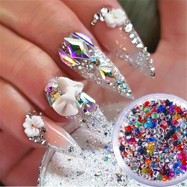 

1box 3d glitter nail rhinestones stone multi-size crystal gems sharp bottom mixed color diy nails art manicure decoration tools, Silver;gold