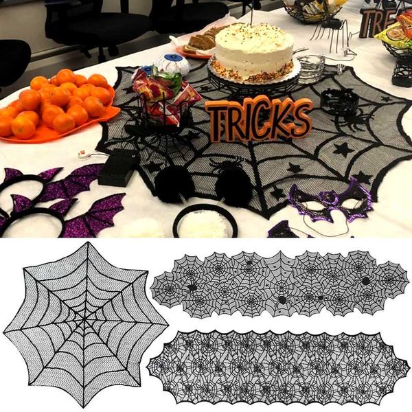 

halloween spiderweb tablecloth black lace table runner cloth cover cobweb fireplace mantel scarf halloween party decor supplies