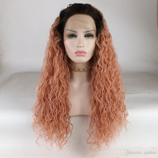 Synthetic Lace Wig With Baby Hair Ombre Dark Roots To Pastel Pink Glueless Long Curly Heat Resistant Fiber Hair Wigs For Women Natural Hair Wigs Uk
