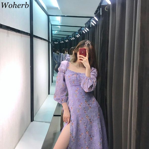 

woherb square collar summer dress women chiffon lace up floral print dresses vintage fashion korean split vestidos 25963, Black;gray