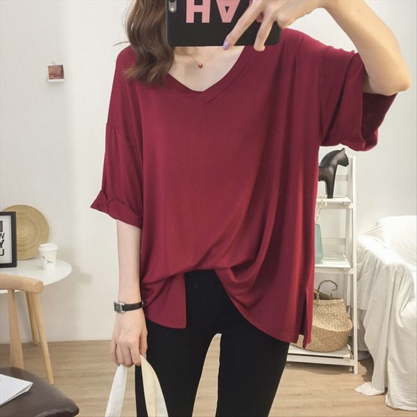 

half sleeve modal t-shirt women's loose large size slim v-neck short-sleeved medium-long split white t-shirt
