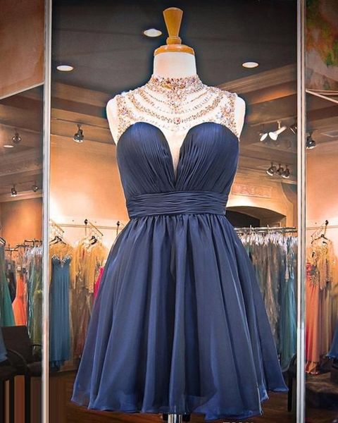 

delicate a line navy blue prom dresses high neck sleeveless illusion chiffon short open back evening dresses with beaded neckline dh1634, Black